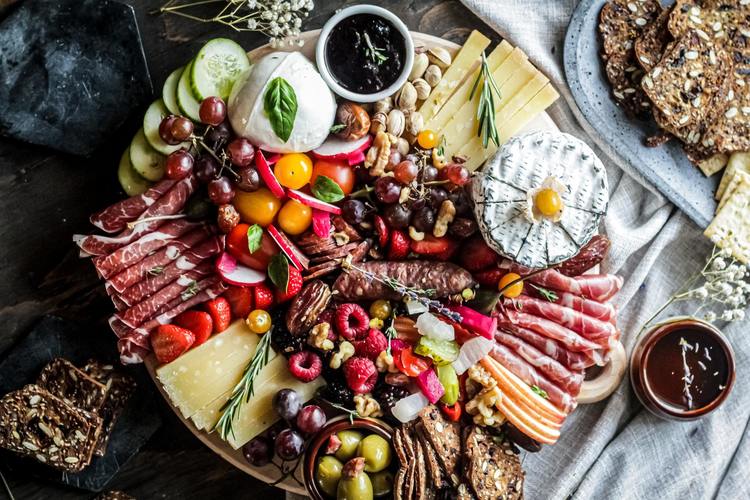 Grazing Platter with Prosciutto, Chutney, Cheese, Radish, Berries and Olives