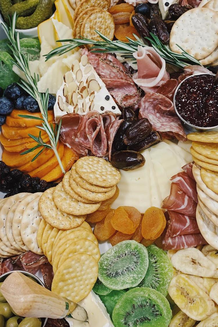 Cheshire and Camembert Charcuterie with Kiwi, Banana Chips, Apricots and Dates - Charcuterie Recipe