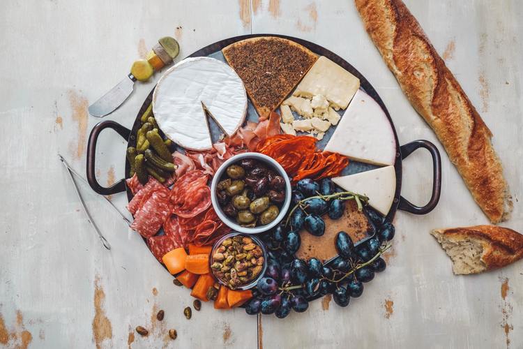 Charcuterie Recipe - Baguette and Cheese Charcuterie with Brie, Salami, Olives, Grapes, Pistachios