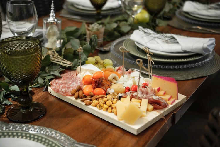 Charcuterie Recipe - Cheese Charcuterie Board with Chickpeas, Almonds, Grapes and Grape Tomatoes