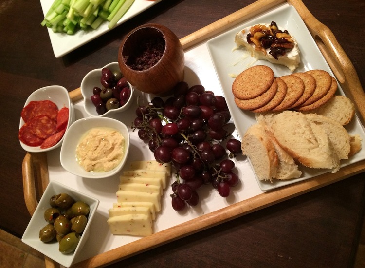 Charcuterie Recipe - Cheese Platter with Grapes, Hummus, Salami and Olives