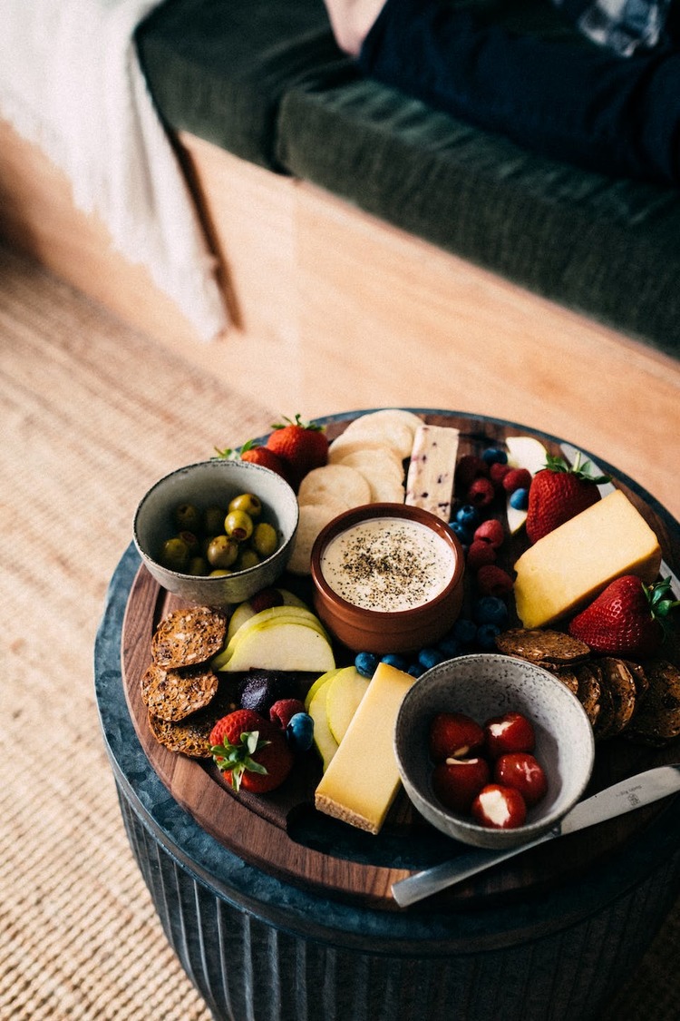 Charcuterie Recipe - Grazing Cheese Platter with Stuffed Peppers, Berries, Pears, Hummus and Olives