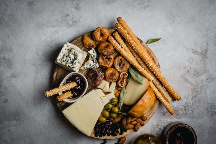 Charcuterie Recipe - Blue Cheese and Fig Charcuterie Board with Olives, Almonds, Raisins and Jam