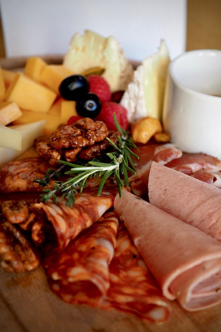Charcuterie Recipe - Sliced Sausage, Mortadella, Salami, Camembert, Roasted Pecans Charcuterie Board