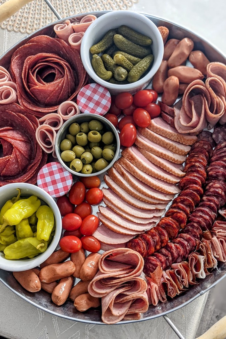 Charcuterie Recipe - Kielbasa Sausage, Pepperoncini, Tomatoes, Salami, Duck Breast Charcuterie Board