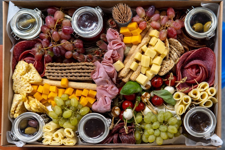 Grazing Board with Olives, Salami, Grapes, Mozzarella, Cheddar and Breadsticks